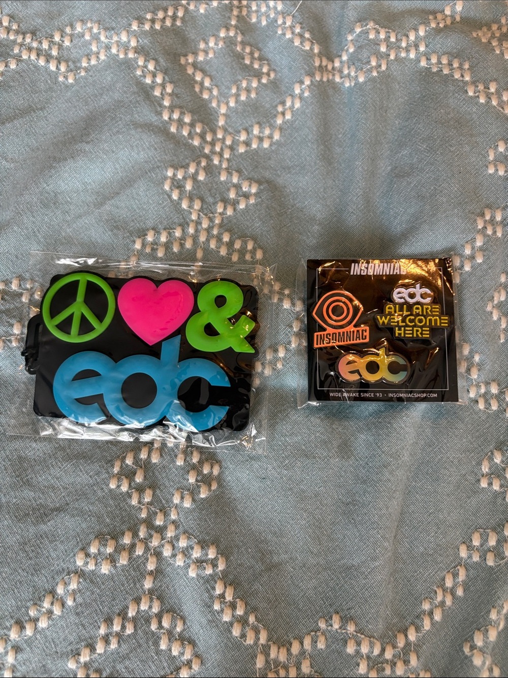 Electric Daisy Carnival (EDC) luggage tag and enamel pins